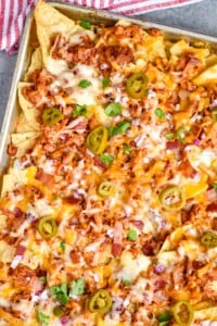 overhead of bbq chicken nachos