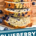 Pinterest graphic of Blueberry Banana Bread recipe. Text says, "Blueberry Banana Bread simplejoy.com"