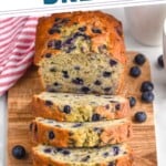 Pinterest graphic of Blueberry Banana Bread. Text says, "The Best Blueberry Banana Bread. SimpleJoy.com"