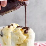 pinterest graphic of hot fudge being poured over ice cream