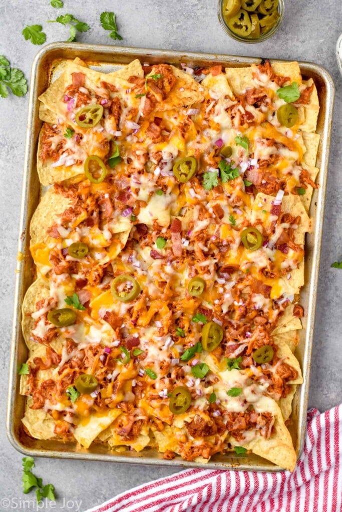 overhead of chicken nachos made with bbq chicken