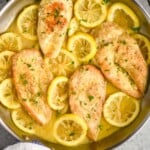 overhead of lemon pepper chicken in a skillet - 10