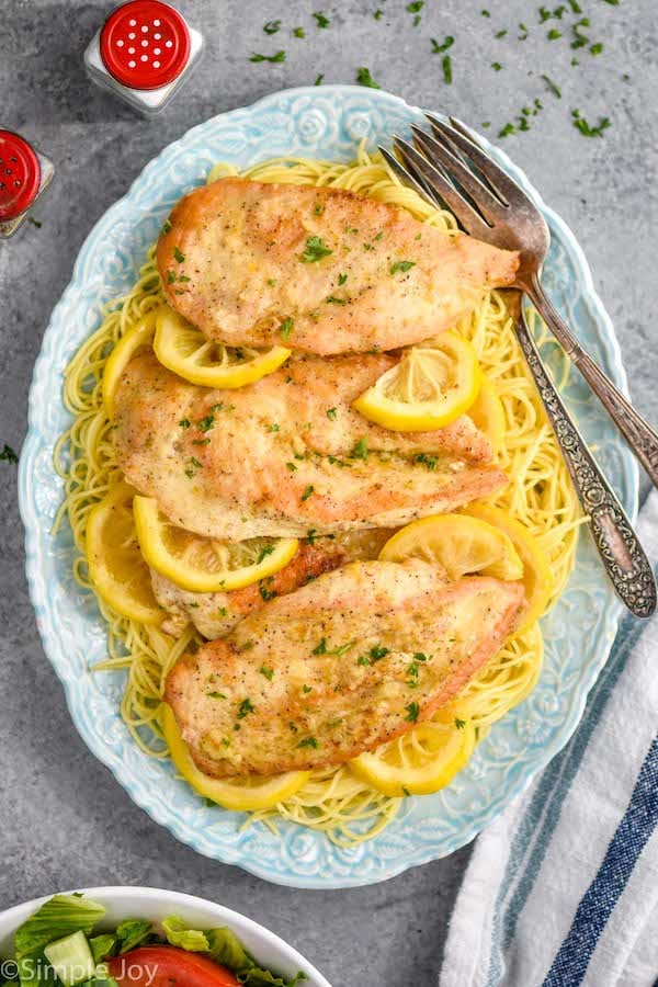 overhead of a photo of lemon pepper chicken pasta on a platter