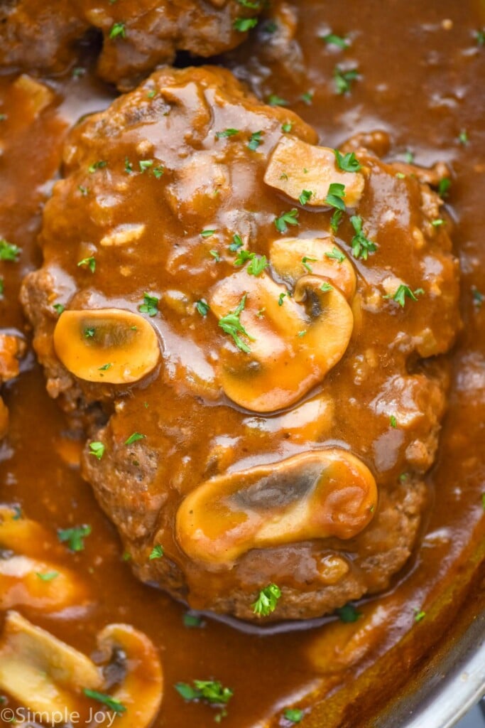 close up overhead picture of a Salisbury steak recipe with mushroom gravy
