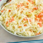 pinterest graphic of side view of a bowl of kfc coleslaw recipe says "coleslaw recipe simplejoy.com"