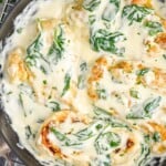 Overhead photo of Chicken Florentine recipe in a skillet. - 10