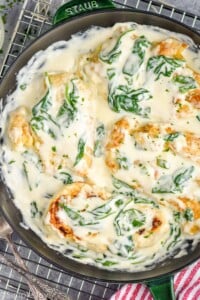 Overhead photo of Chicken Florentine recipe in a skillet.