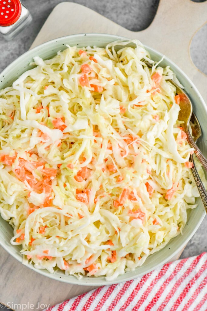 overhead bowl of coleslaw recipe in a big serving bowl