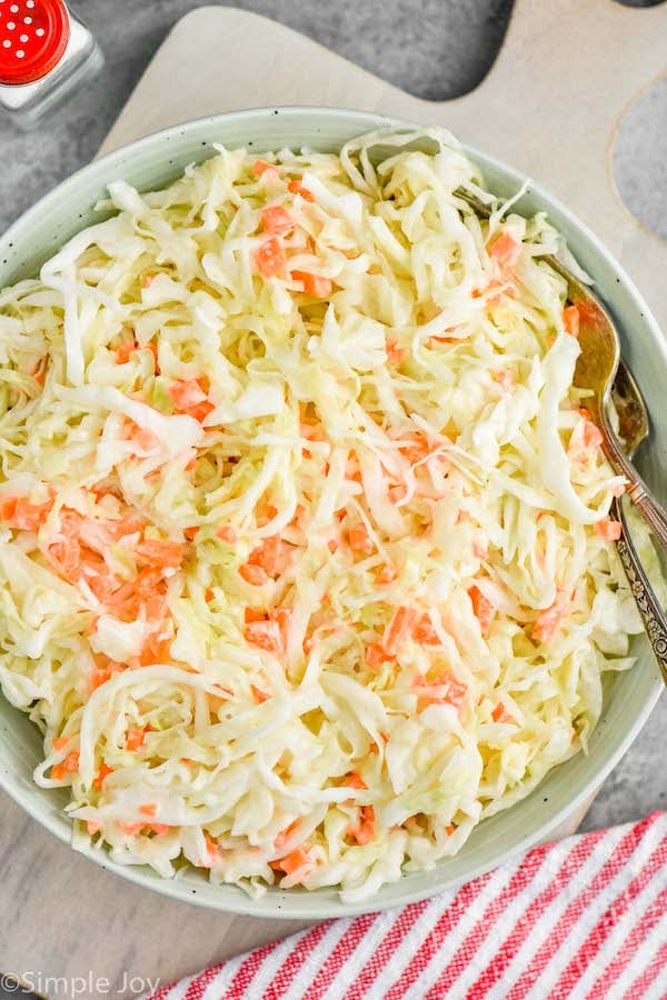 overhead bowl of coleslaw recipe in a big serving bowl