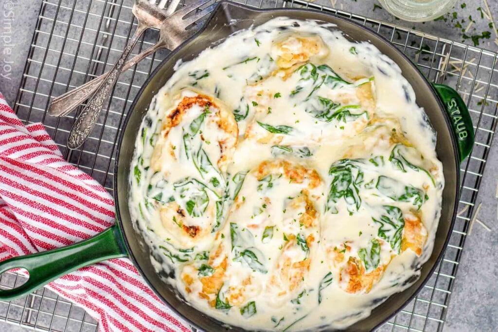 overhead of a skillet with creamy chicken recipe