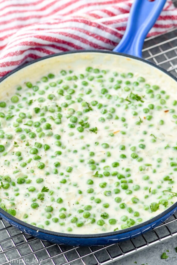 Overhead photo of pan of creamed peas.