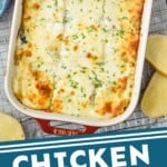 Pinterest graphic for chicken alfredo lasagna. Image is overhead photo of a baking dish of chicken alfredo lasagna. Text says, "chicken alfredo lasagna simplejoy.com"