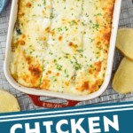 Pinterest graphic for chicken alfredo lasagna. Image is overhead photo of a baking dish of chicken alfredo lasagna. Text says, "chicken alfredo lasagna simplejoy.com"