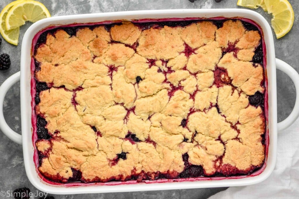 Overhead photo of blackberry cobbler.