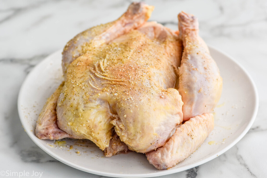 Photo of whole chicken on a plate, seasoned for air fryer whole chicken recipe.
