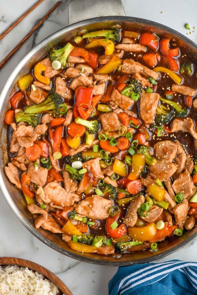 Overhead photo of pork stir fry in a pan.