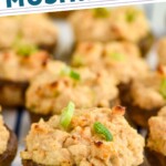 Pinterest graphic for Crab Stuffed Mushrooms recipe. Text says, "Amazing Crab Stuffed Mushrooms simplejoy.com." Image is overhead photo of crab stuffed mushrooms garnished with green onions.