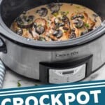 Pinterest graphic of Crock Pot Chicken Marsala recipe. Image is overhead photo of crock pot chicken marsala in a crockpot. Text says, "Crockpot Chicken Marsala simplejoy.com"