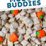 Pinterest graphic for pumpkin spice middy buddies recipe. Text says, "Amazing pumpkin spice muddy buddies simplejoy.com." Image is overhead photo of pumpkin spice muddy buddies.