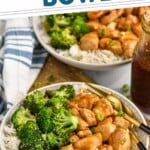 Pinterest graphic for teriyaki chicken bowl recipe. Text says, "The best teriyaki chicken bowl simplejoy.com." Image is overhead photo of teriyaki chicken bowl served over rice with broccoli.