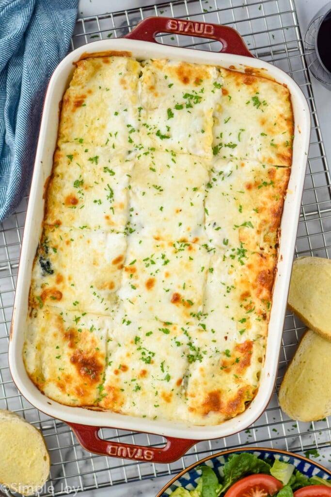 Overhead photo of baking dish Chicken Alfredo Lasagna.