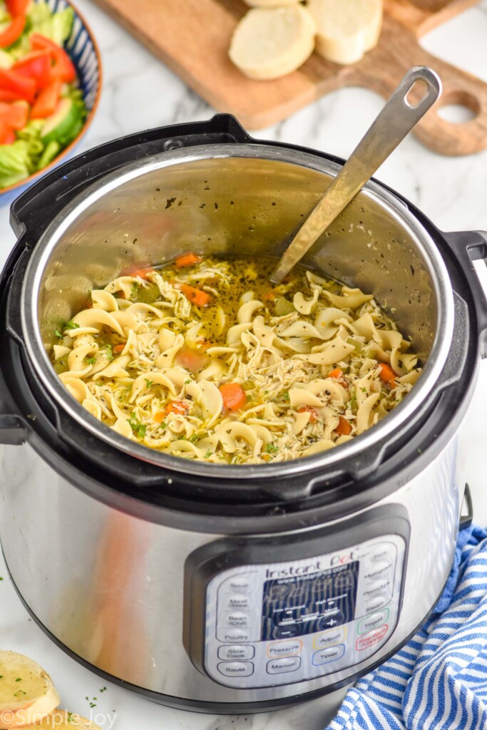 Overhead photo of Instant Pot Chicken Noodle Soup recipe in an instant pot with a ladle for serving.