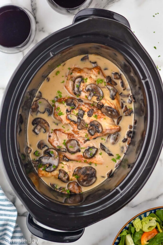 Overhead photo of Crock Pot Chicken Marsala recipe in a crock pot.
