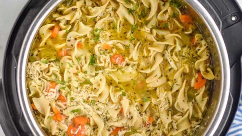Overhead phot of Instant Pot Chicken Noodle Soup recipe in an instant pot.