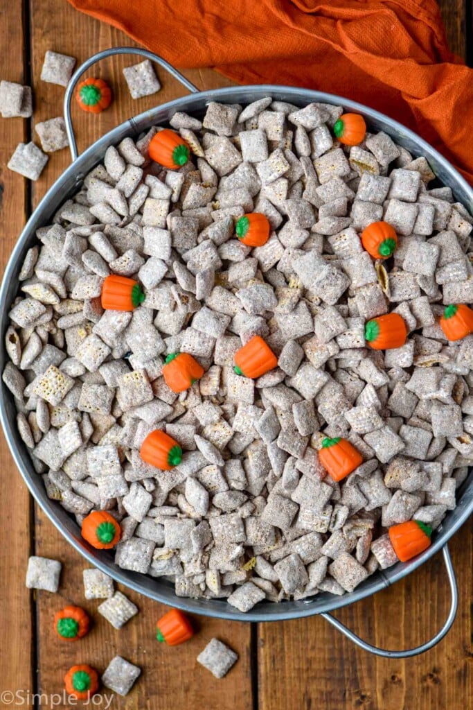 Overhead photo of Pumpkin Spice Muddy Buddies recipe.