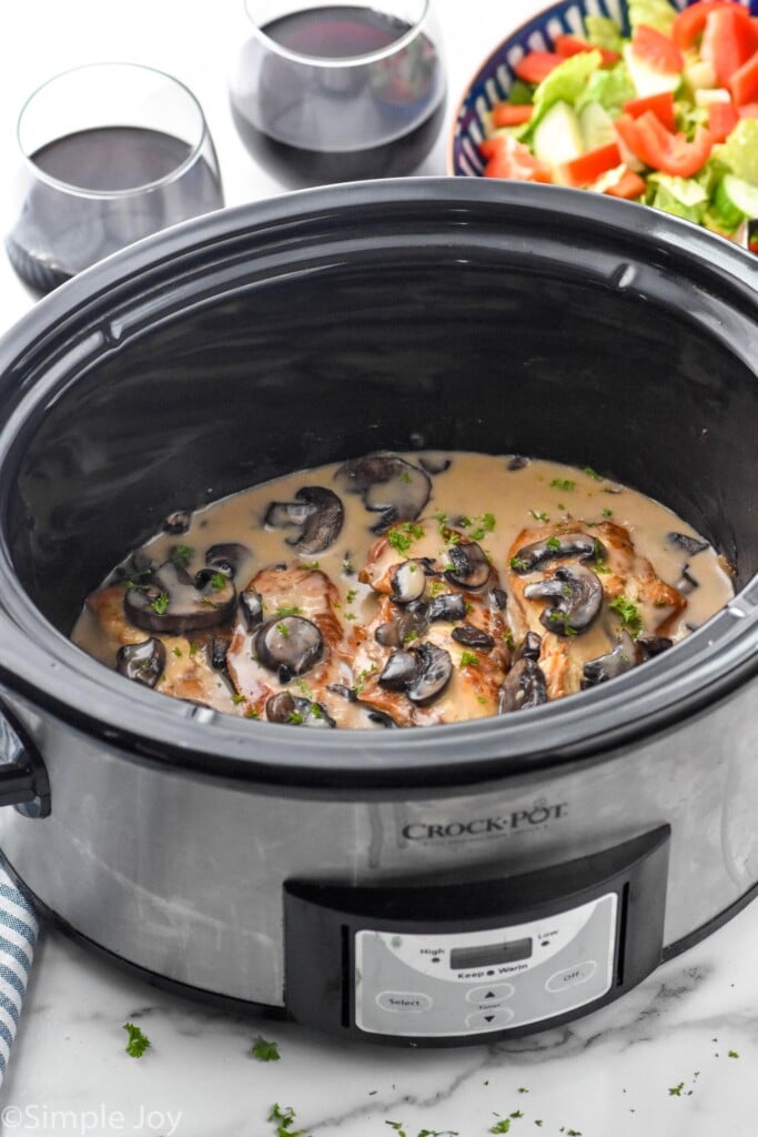 Overhead photo of Crock Pot Chicken Marsala recipe in a crock pot.