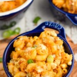 Pinterest graphic for Buffalo Chicken Mac and Cheese recipe. Text says, "Buffalo Chicken Macaroni & Cheese simplejoy.com." Image is overhead photo of a bowl of Buffalo Chicken Mac and Cheese.