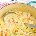 Pinterest graphic of chicken tortellini soup. Text says "amazing chicken tortellini soup simplejoy.com" Image shows a soup pot of chicken tortellini soup with a soup ladle for serving