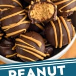 Pinterest graphic for Peanut Butter Balls recipe. Image is Peanut Butter Balls in a bowl, with one peanut butter ball having a bite missing. Text says, "Peanut Butter Balls simplejoy.com"