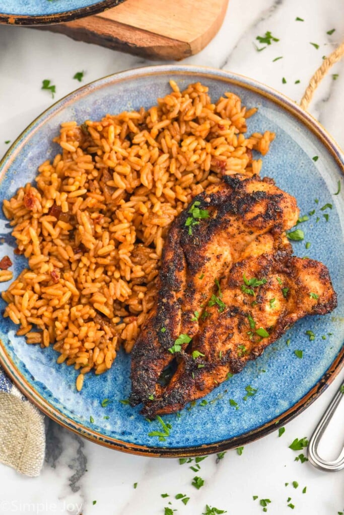 Overhead photo of Blackened Chicken served with rice.