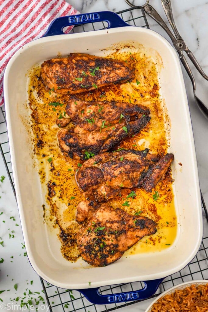Overhead photo of Blackened Chicken in a baking dish.