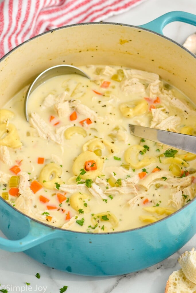 overhead view of pot of chicken tortellini soup with ladle for serving