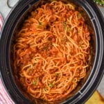 Overhead photo of Crock Pot Spaghetti recipe in a crock pot. - 19