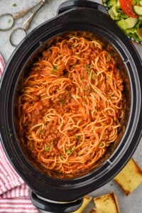 Overhead photo of Crock Pot Spaghetti recipe in a crock pot.