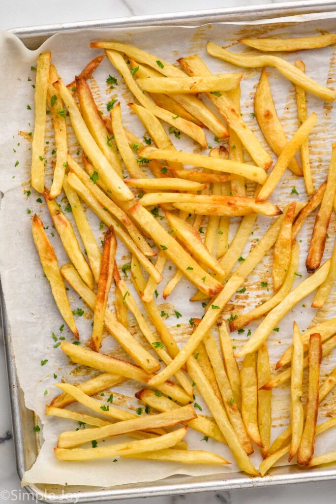 Overhead photo of Easy French Fries on a baking sheet.