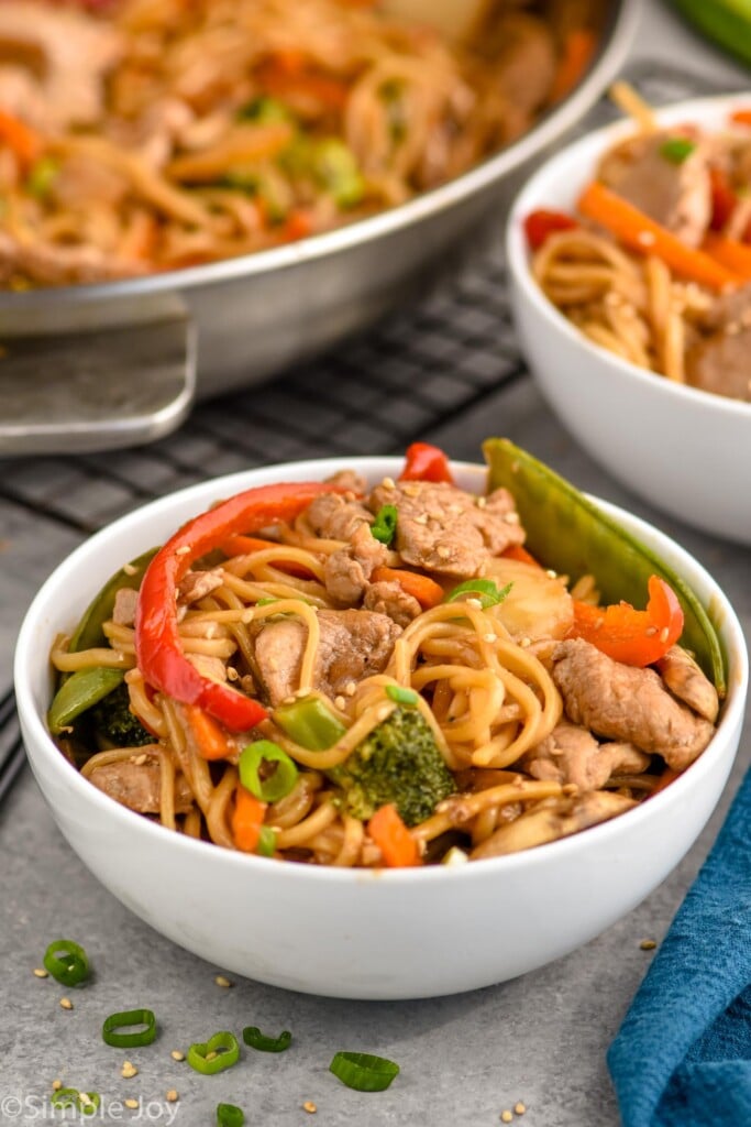 Overhead photo of a bowl of Pork Lo Mein.