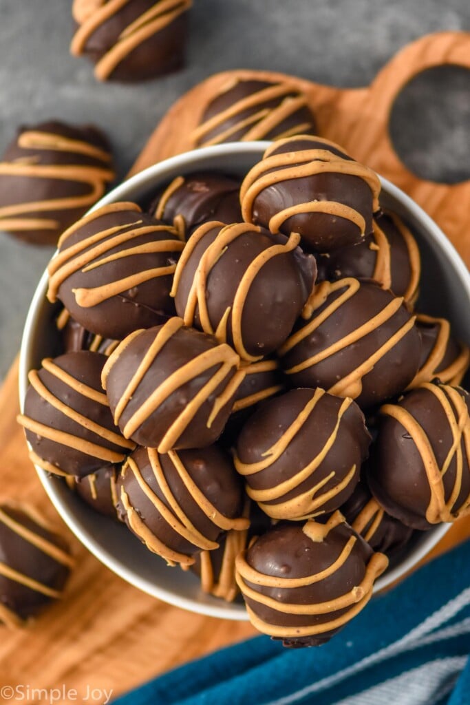 Overhead photo of Peanut Butter Balls in a bowl.