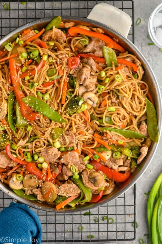 Overhead photo of a pot of Pork Lo Mein.