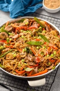 Overhead photo of a pot of Pork Lo Mein.