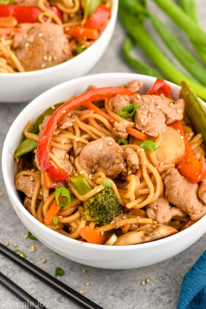 Overhead photo of a bowl of Pork Lo Mein.
