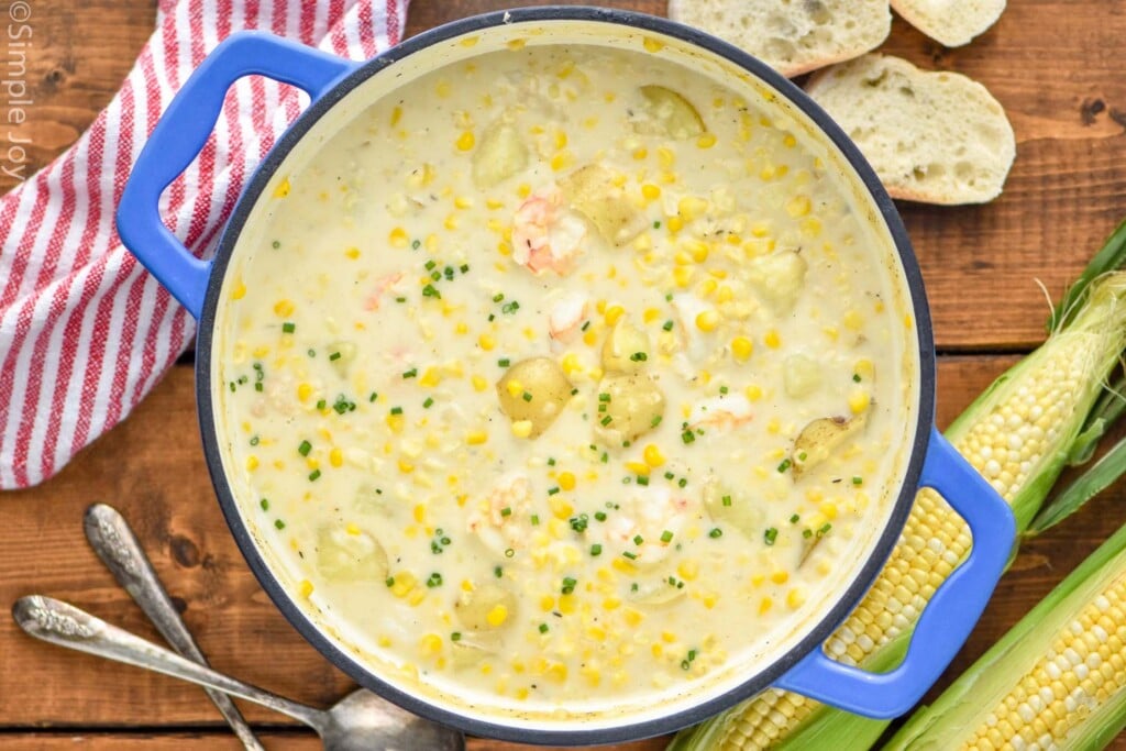Overhead photo of Shrimp and Corn Chowder in a pot.