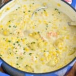 Overhead photo of Shrimp and Corn Chowder in a pot.