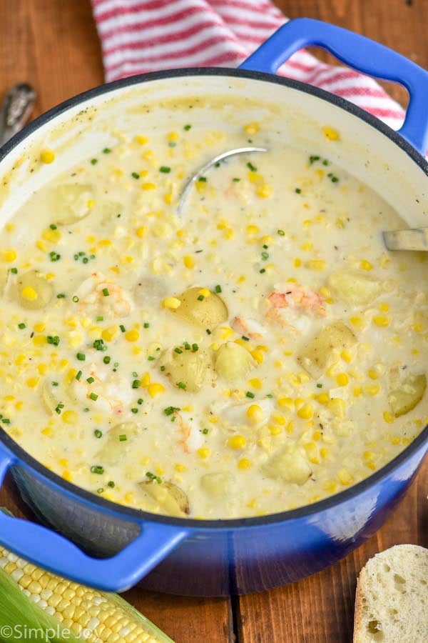 Overhead photo of Shrimp and Corn Chowder in a pot.