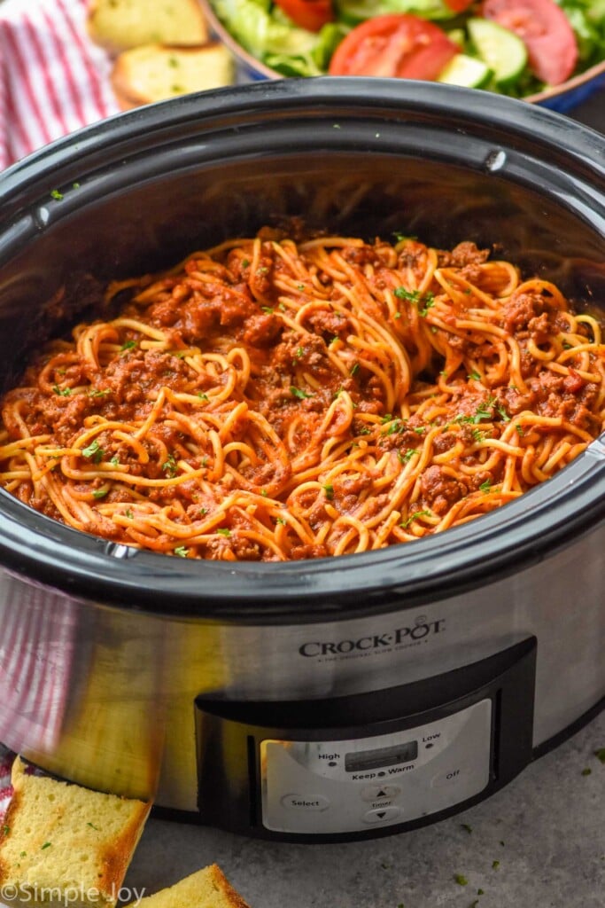 Overhead photo of Crock Pot Spaghetti recipe in a crock pot.