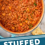 pinterest graphic of overhead view of a pout of stuffed pepper soup, says "stuffed pepper soup simplejoy.com"