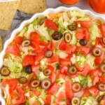 Pinterest graphic for Taco Dip recipe. Text says, "Perfect taco dip recipe simplejoy.com." Image is overhead photo of Taco Dip.